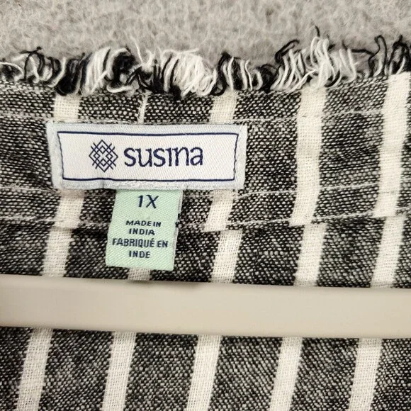 Linen Blend Dress Womens 1X Gray Black White Stripe Belted Crossover Raw Hem - Picture 9 of 11